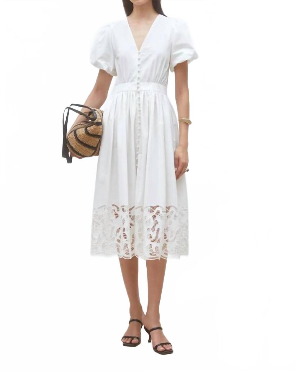 NEW SUNCOO cecily embroidered poplin midi dress in blanc casse